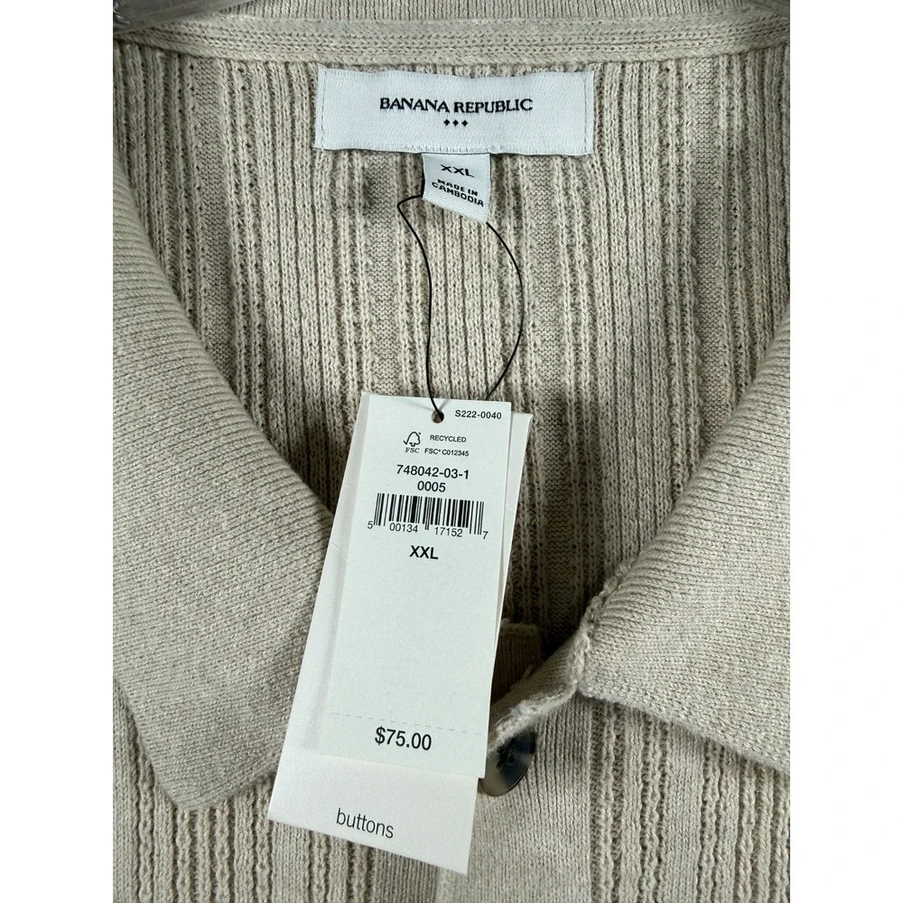 Banana Republic Textured Cotton Polo Cardigan Mens Size 2XL Beige Short Sleeve